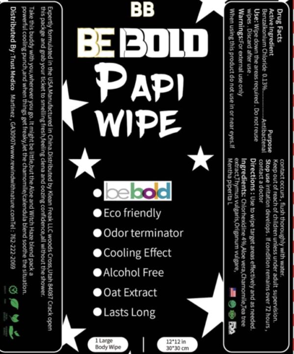 BE BOLD Papi Man Wipes Odor Terminator Man Flushable Wet Wipes, Cooling Effect, Eliminates Balsy Odor (Single Packet Packs of 30) Scented Eco Friendly With Vitamin-E, Aloe, Instant Freshen Up Wipes - Image 4